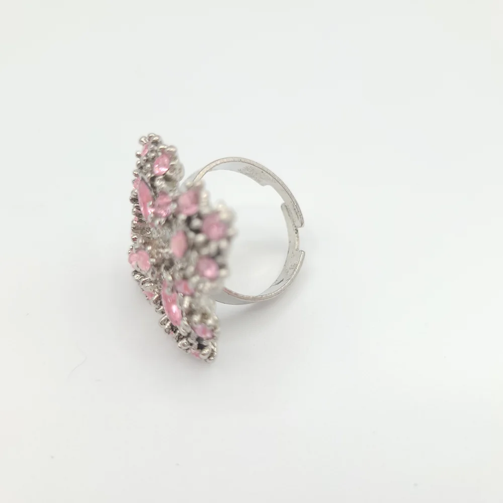 Pink Rhinestone Floral Cluster Ring Silver Tone Adjustable Statement - Picture 4 of 8